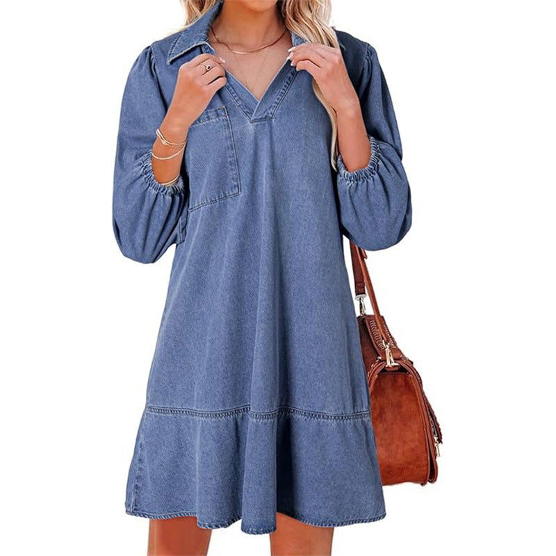 Casual Little-girl Style Clothes V-neck Cropped Puff Sleeve Denim Dress