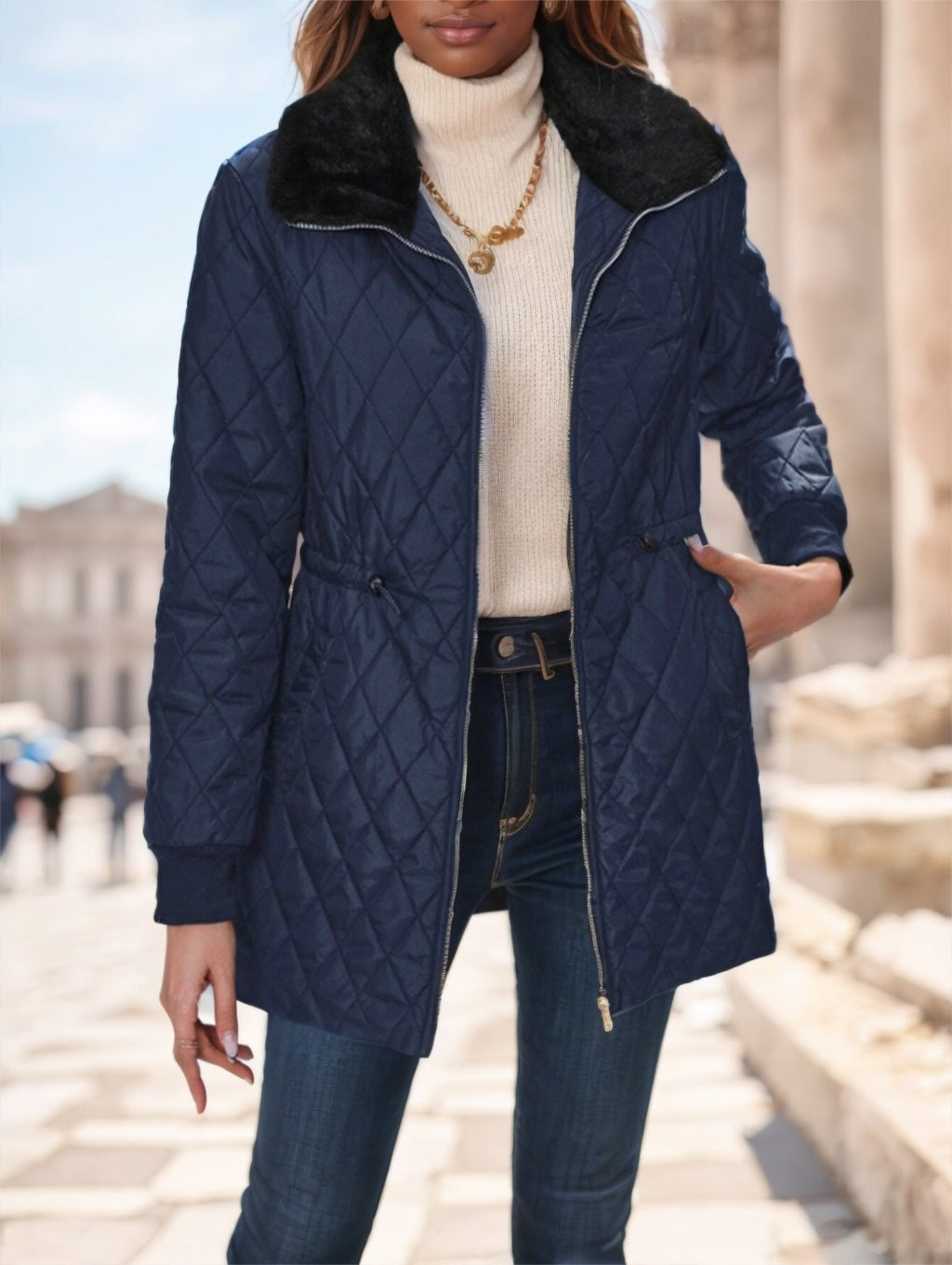 Casual Winter Clothes Contrast-Color Fur Collar Drawstring Waist Padded Padded Coat