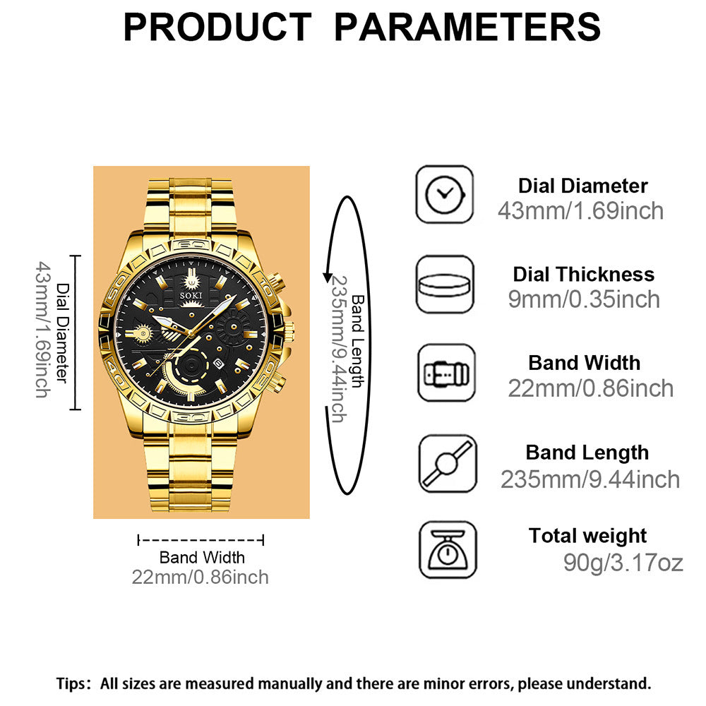 Men's Steel Belt Business Calendar Quartz Watch Suit Dujana147