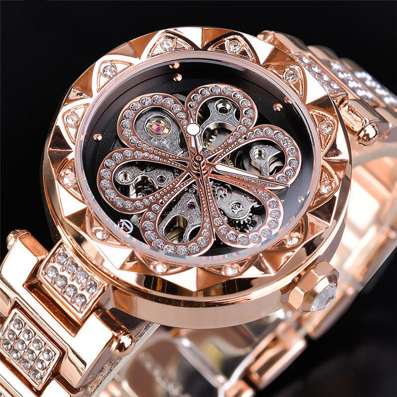 Forsining Mechanical Automatic Ladies Watches Top Brand Luxury Rhinestone Female Wrist Watches Rose Gold Stainless Steel Clock Dujana147