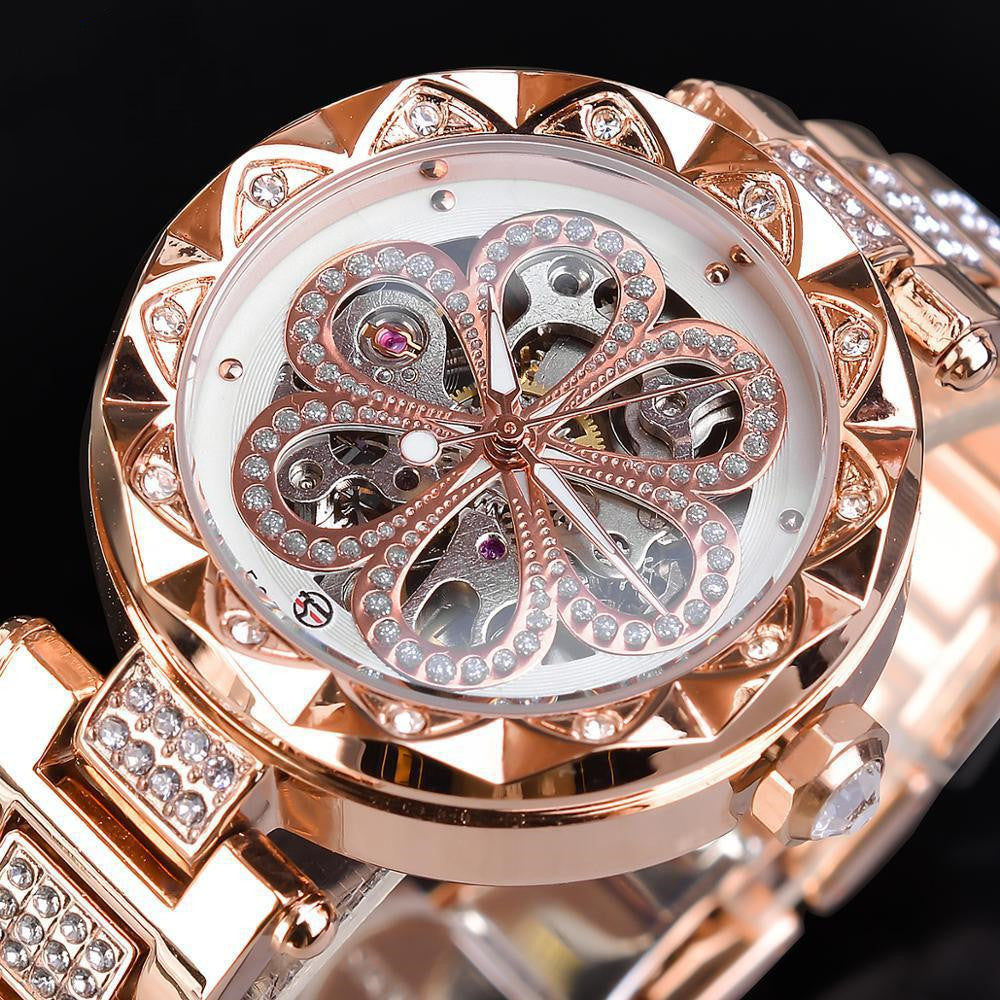 Forsining Mechanical Automatic Ladies Watches Top Brand Luxury Rhinestone Female Wrist Watches Rose Gold Stainless Steel Clock Dujana147