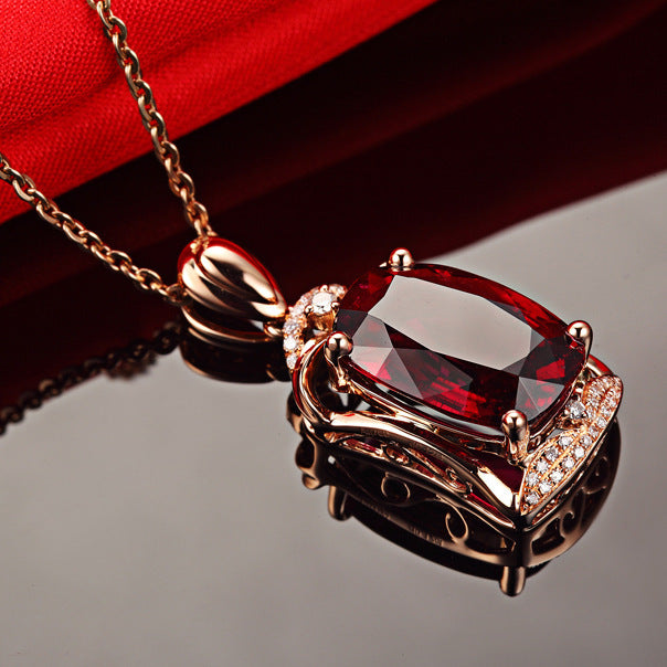 Rose Red Big Gem Pendant, 18K Rose Gold-plated Jewellery With Artificial Red Tourmaline Dujana147