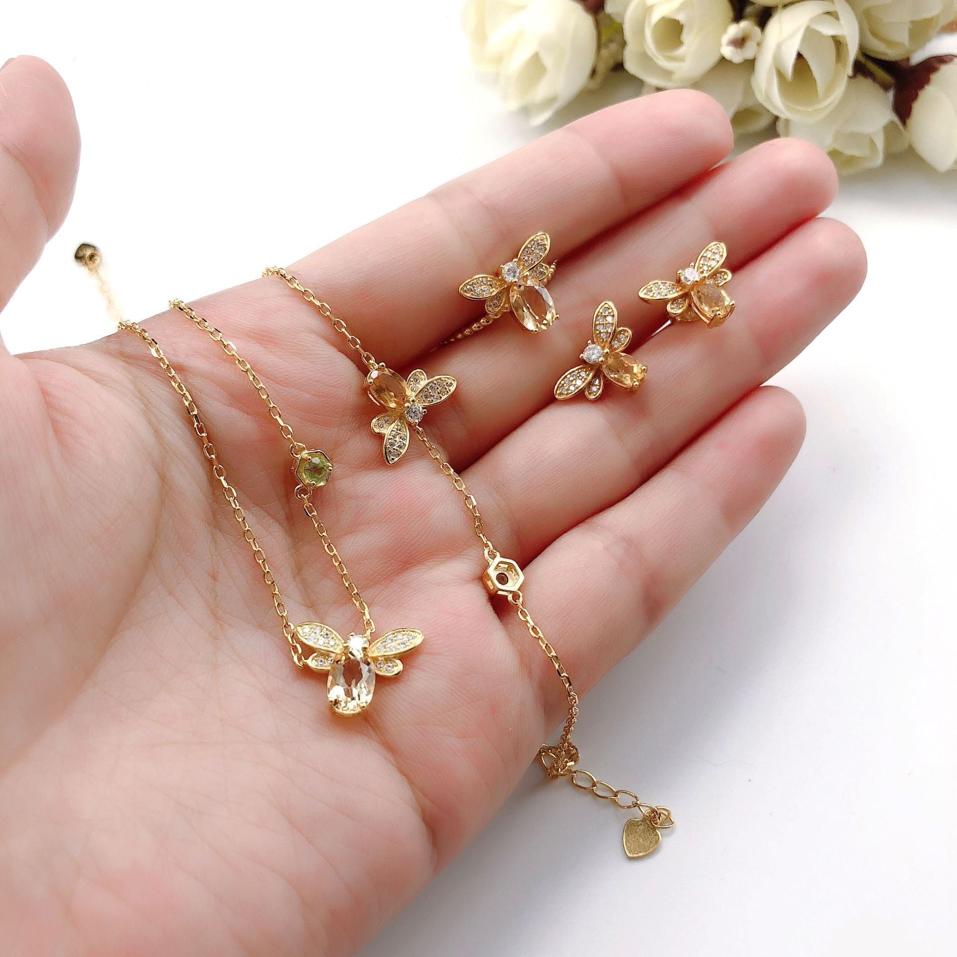 925 Sterling Silver Jewellery, Natural Citrine Peridot, Small Bee Set Ornaments Dujana147