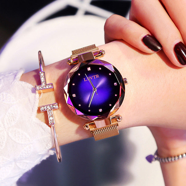 Rose Gold Women Watches Fashion Diamond Ladies Starry Sky Magnet Watch Waterproof Female Wristwatch Dujana147