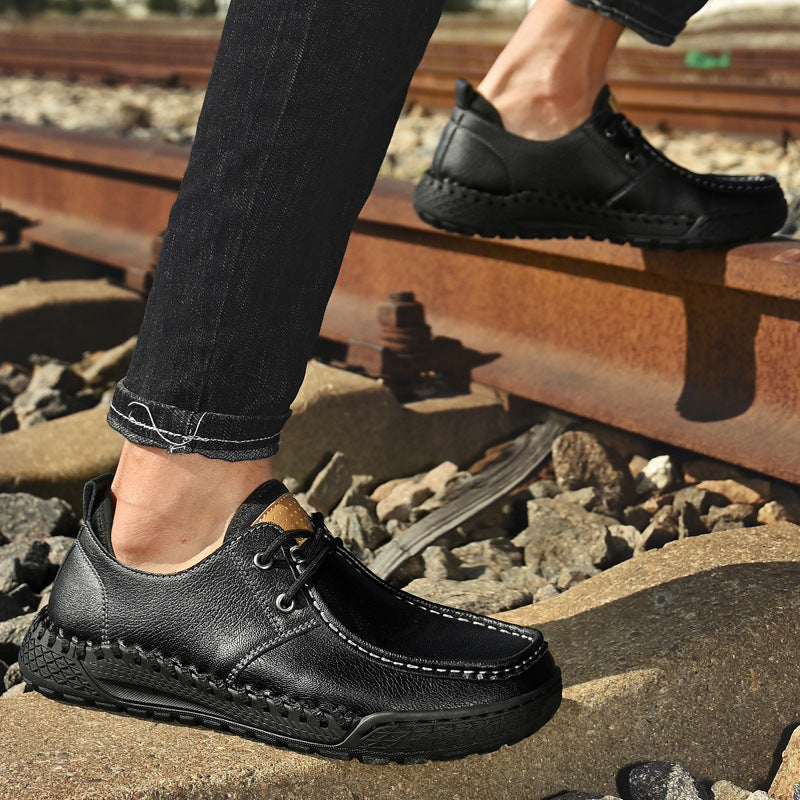 Men's Casual Leather Shoes Hand-stitched Bottom Lightweight Low Top