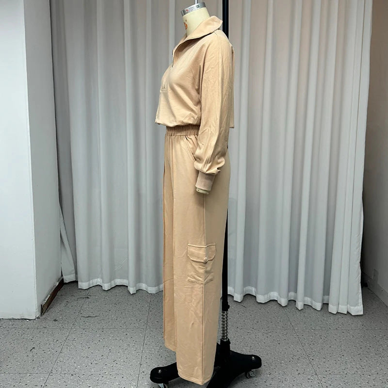 Women's Lapel Short Top High Waist Work Clothes Wide Leg Pants Two-piece Set