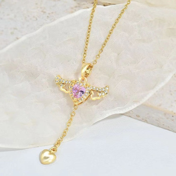 Moving Cupid Heart Angel Wings Tassel Necklace With Crystal Clavicle Chain Women Jewelry Gift Valentine's Day Dujana147