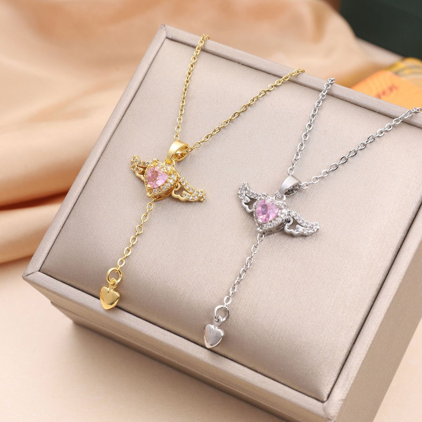 Moving Cupid Heart Angel Wings Tassel Necklace With Crystal Clavicle Chain Women Jewelry Gift Valentine's Day Dujana147