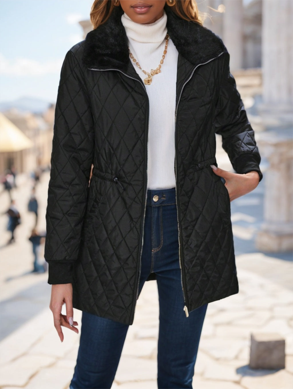 Casual Winter Clothes Contrast-Color Fur Collar Drawstring Waist Padded Padded Coat