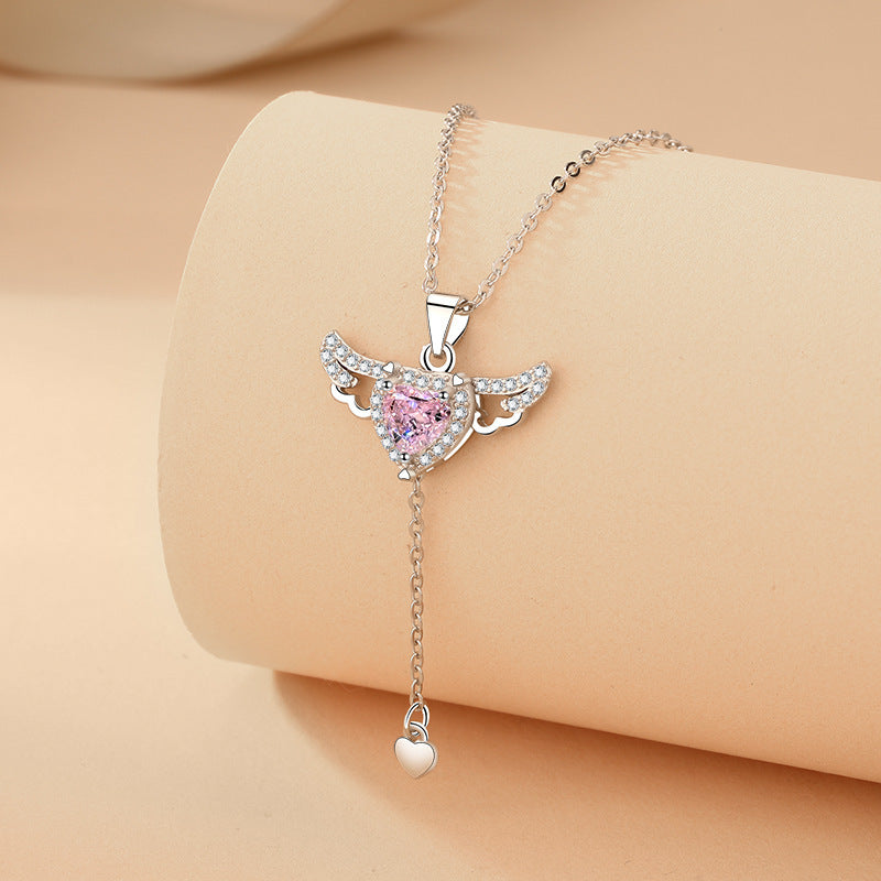 Moving Cupid Heart Angel Wings Tassel Necklace With Crystal Clavicle Chain Women Jewelry Gift Valentine's Day Dujana147