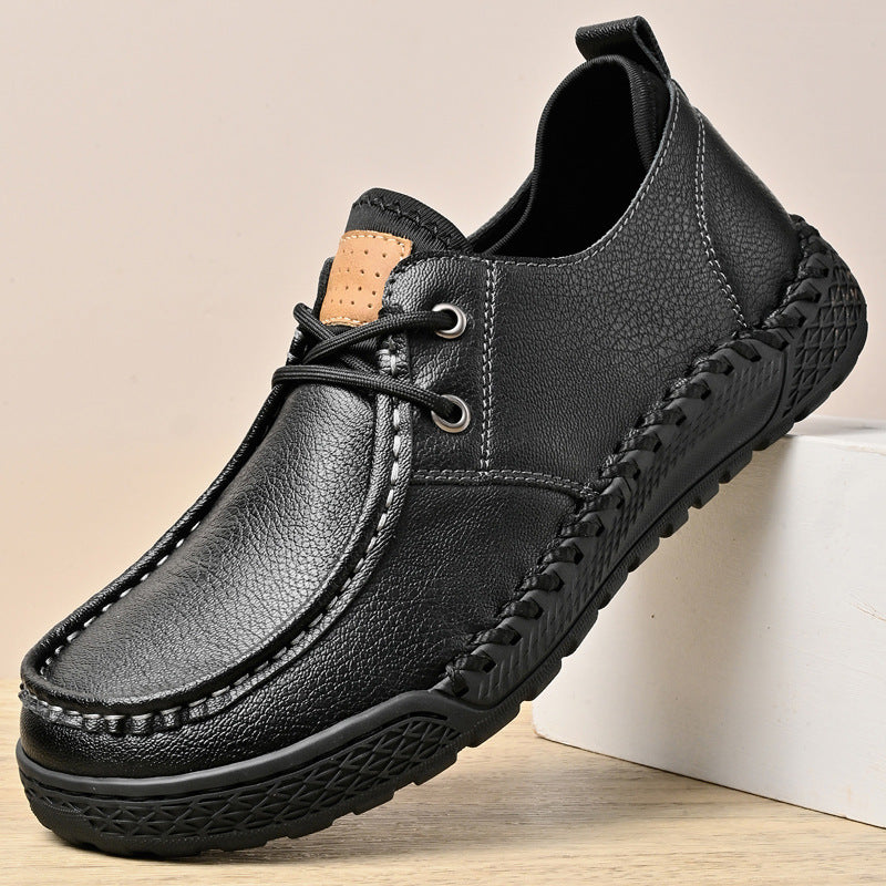 Men's Casual Leather Shoes Hand-stitched Bottom Lightweight Low Top