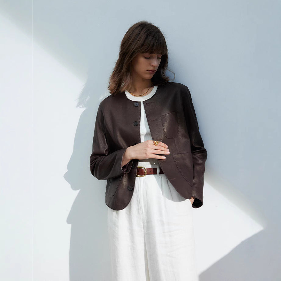 Casual Genuine Leather Clothes Women's Short Jacket Sheepskin Round Neck