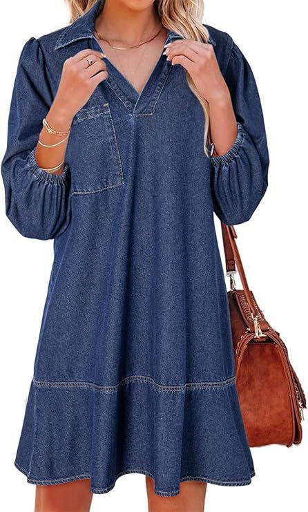 Casual Little-girl Style Clothes V-neck Cropped Puff Sleeve Denim Dress