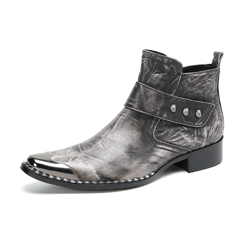 Chunky Heel Cowhide Gray Lace-up Motorcycle Boots Hairstylist Leather Boots
