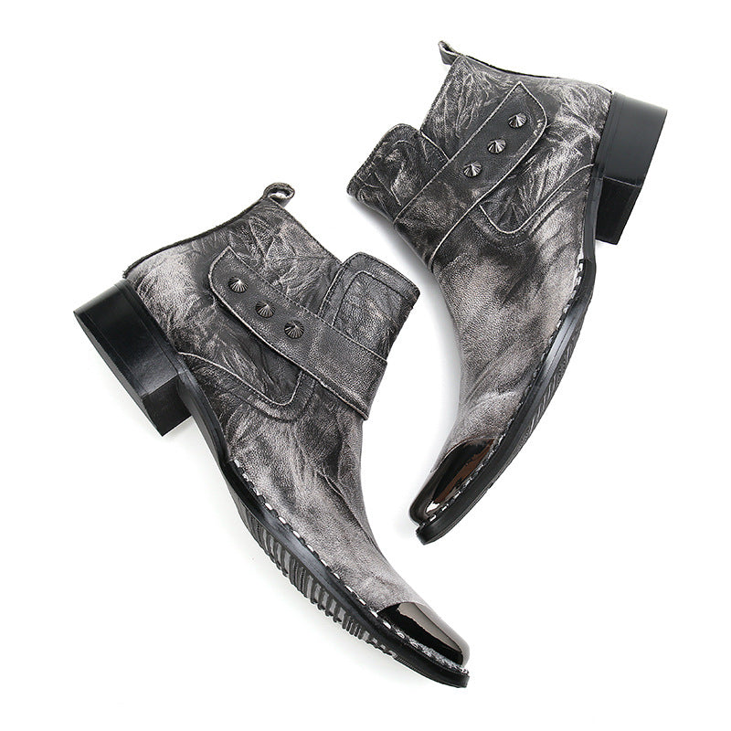 Chunky Heel Cowhide Gray Lace-up Motorcycle Boots Hairstylist Leather Boots