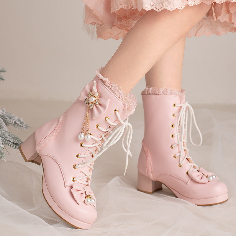 Female Bow Thick Heeled Short Boots Lolita Shoes