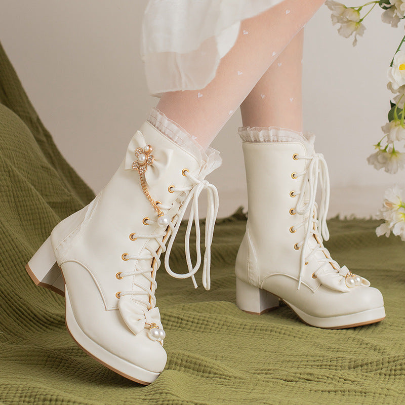 Female Bow Thick Heeled Short Boots Lolita Shoes