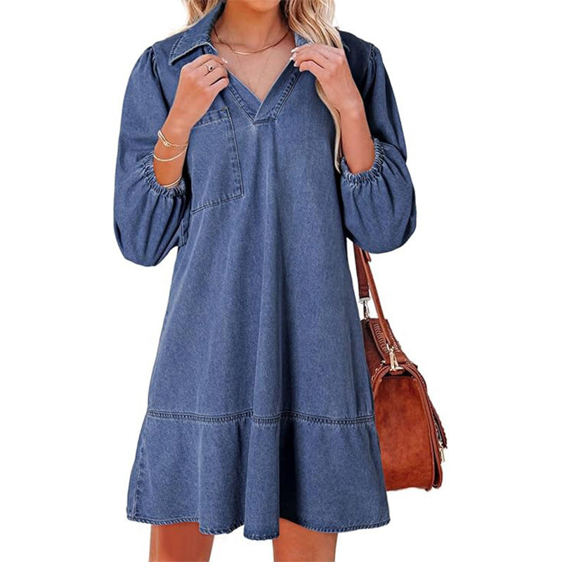 Casual Little-girl Style Clothes V-neck Cropped Puff Sleeve Denim Dress