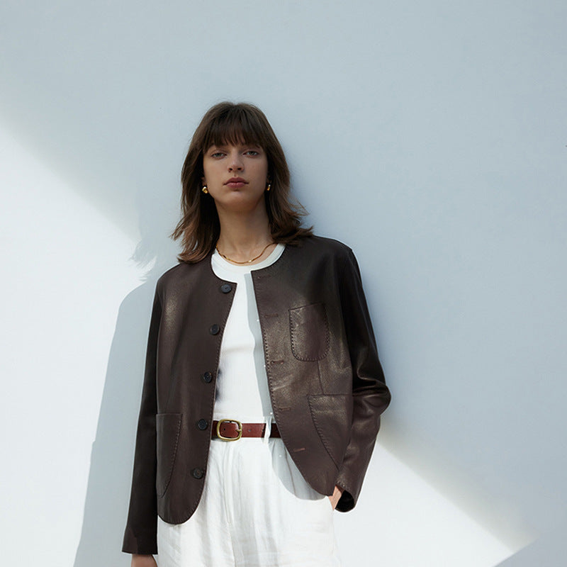 Casual Genuine Leather Clothes Women's Short Jacket Sheepskin Round Neck