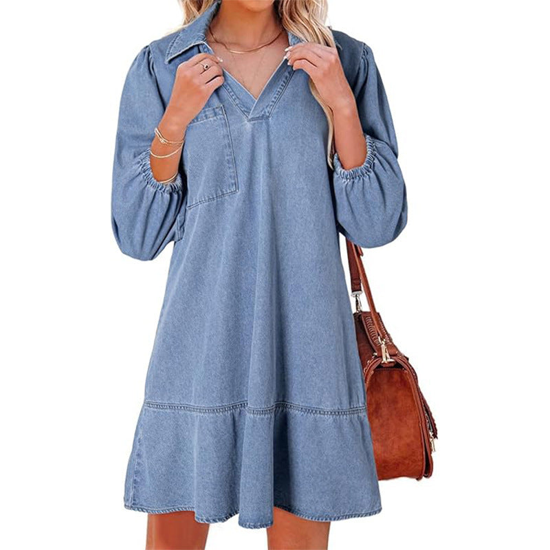 Casual Little-girl Style Clothes V-neck Cropped Puff Sleeve Denim Dress