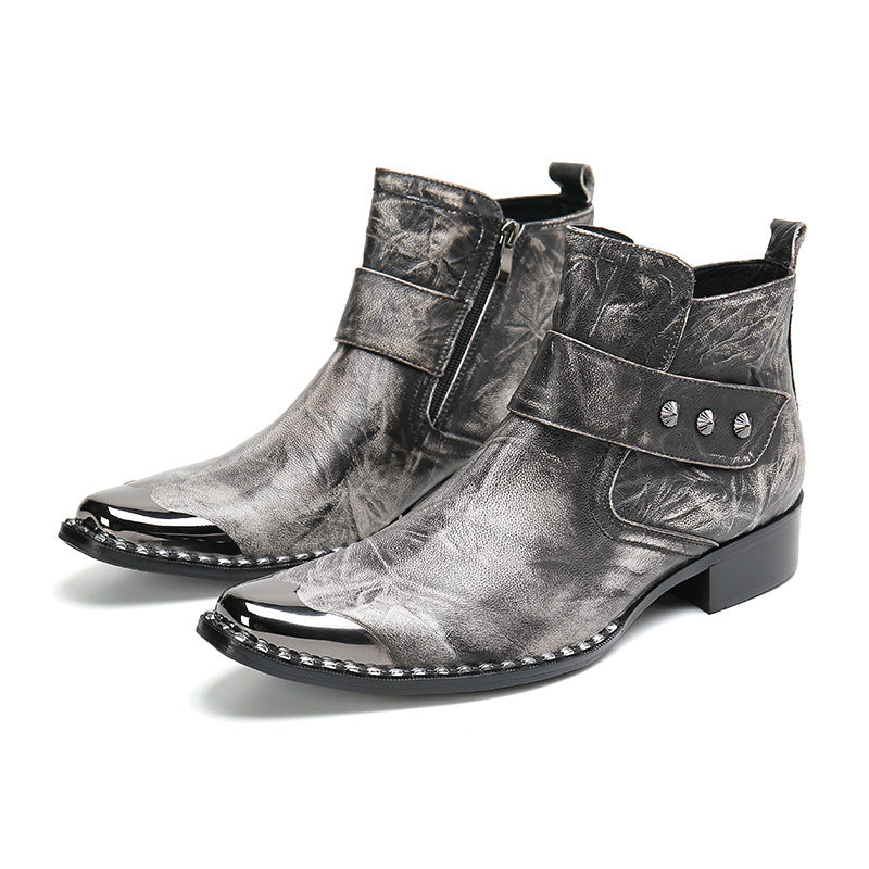 Chunky Heel Cowhide Gray Lace-up Motorcycle Boots Hairstylist Leather Boots