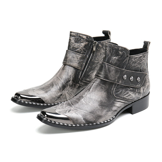 Chunky Heel Cowhide Gray Lace-up Motorcycle Boots Hairstylist Leather Boots