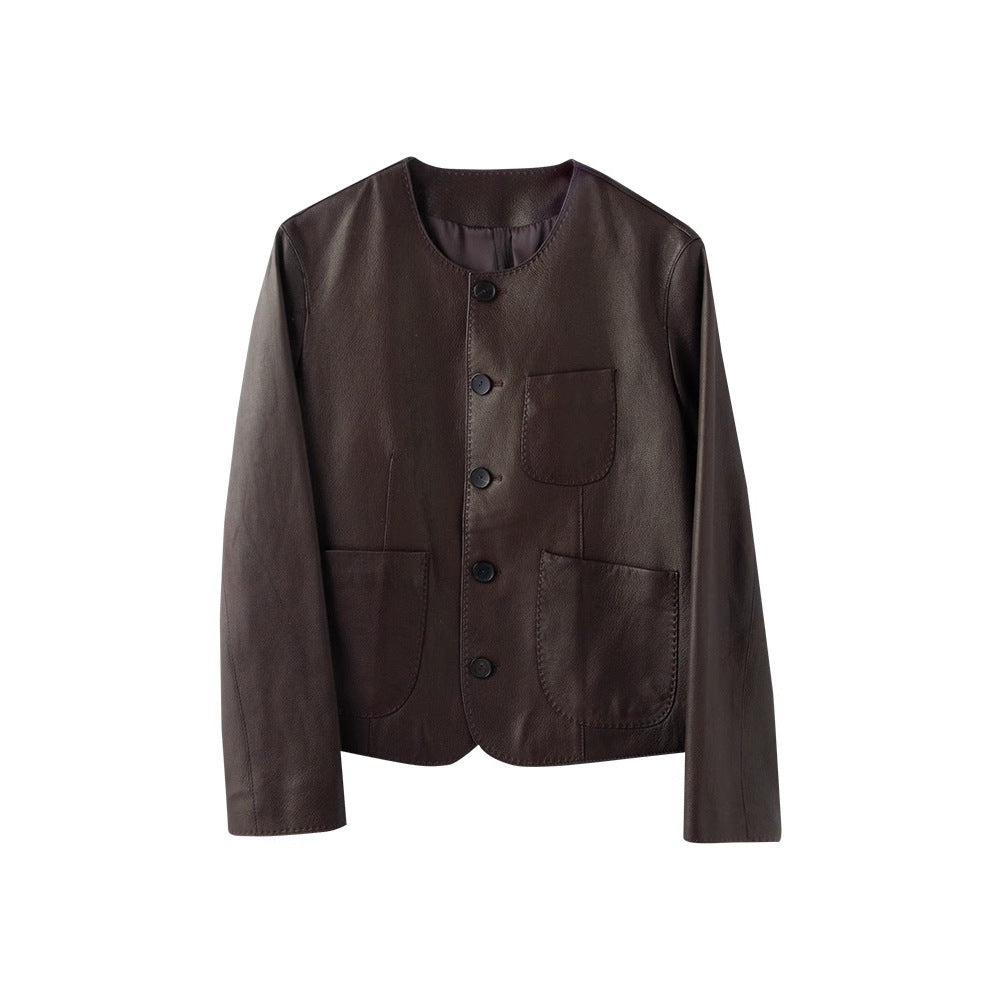 Casual Genuine Leather Clothes Women's Short Jacket Sheepskin Round Neck