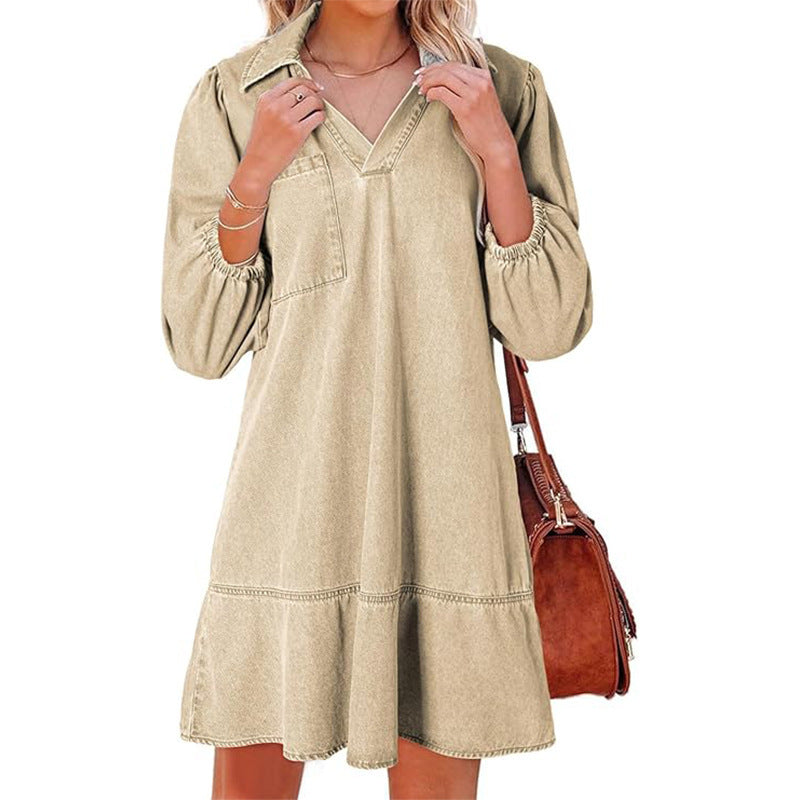 Casual Little-girl Style Clothes V-neck Cropped Puff Sleeve Denim Dress