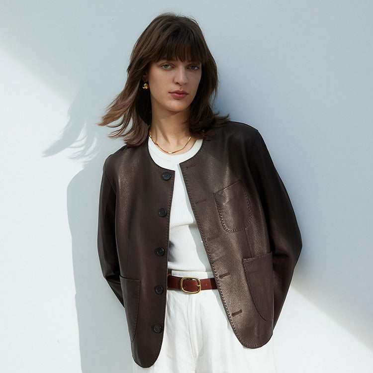 Casual Genuine Leather Clothes Women's Short Jacket Sheepskin Round Neck