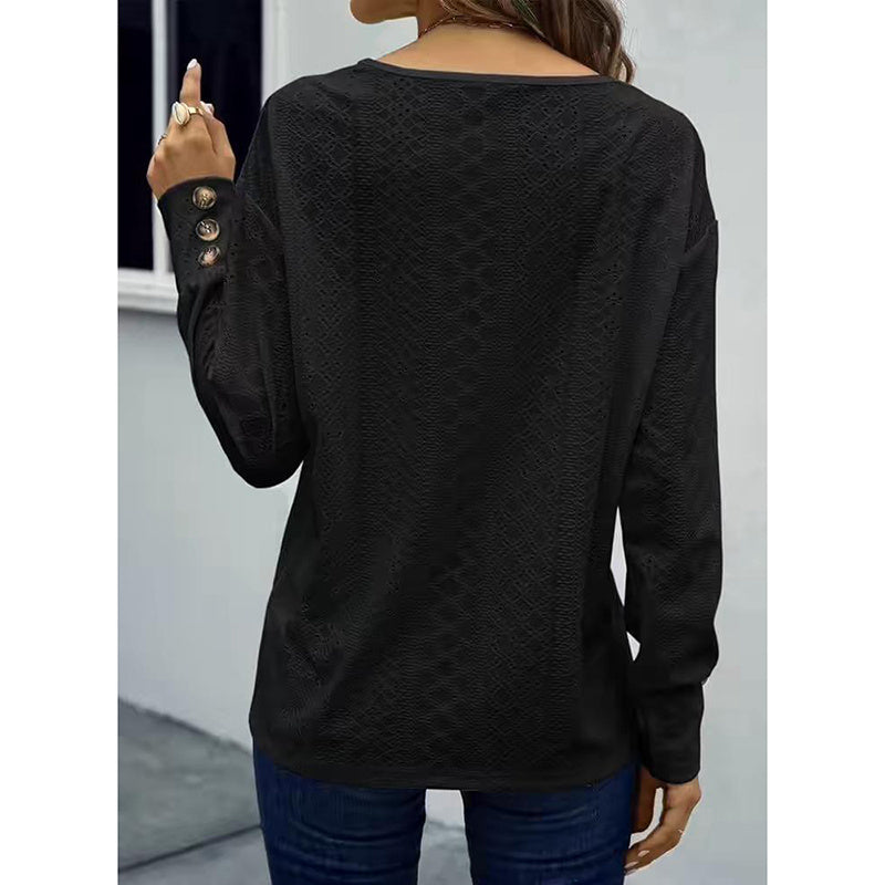 Womens Long Sleeve Eyelet Tops V Neck Fall Shirts Casual Loose Blouses Trendy Clothes