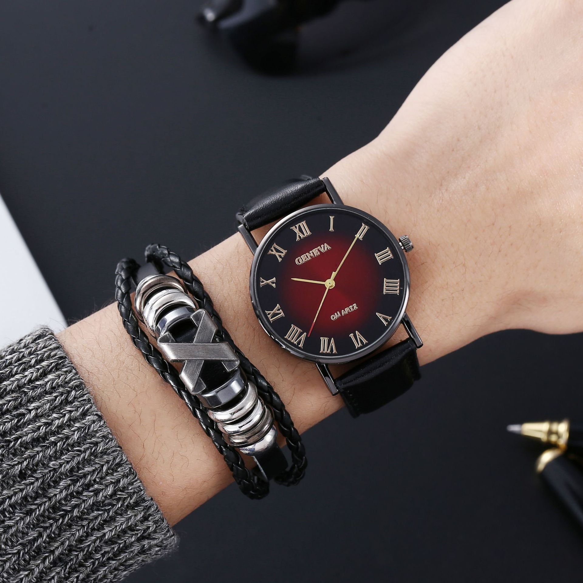 Leather Belt Men's Watch Fashion Business Gift Set Dujana147