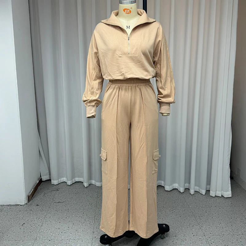 Women's Lapel Short Top High Waist Work Clothes Wide Leg Pants Two-piece Set