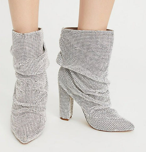 Rhinestone Pointed Toe Fashion Ankle Boots